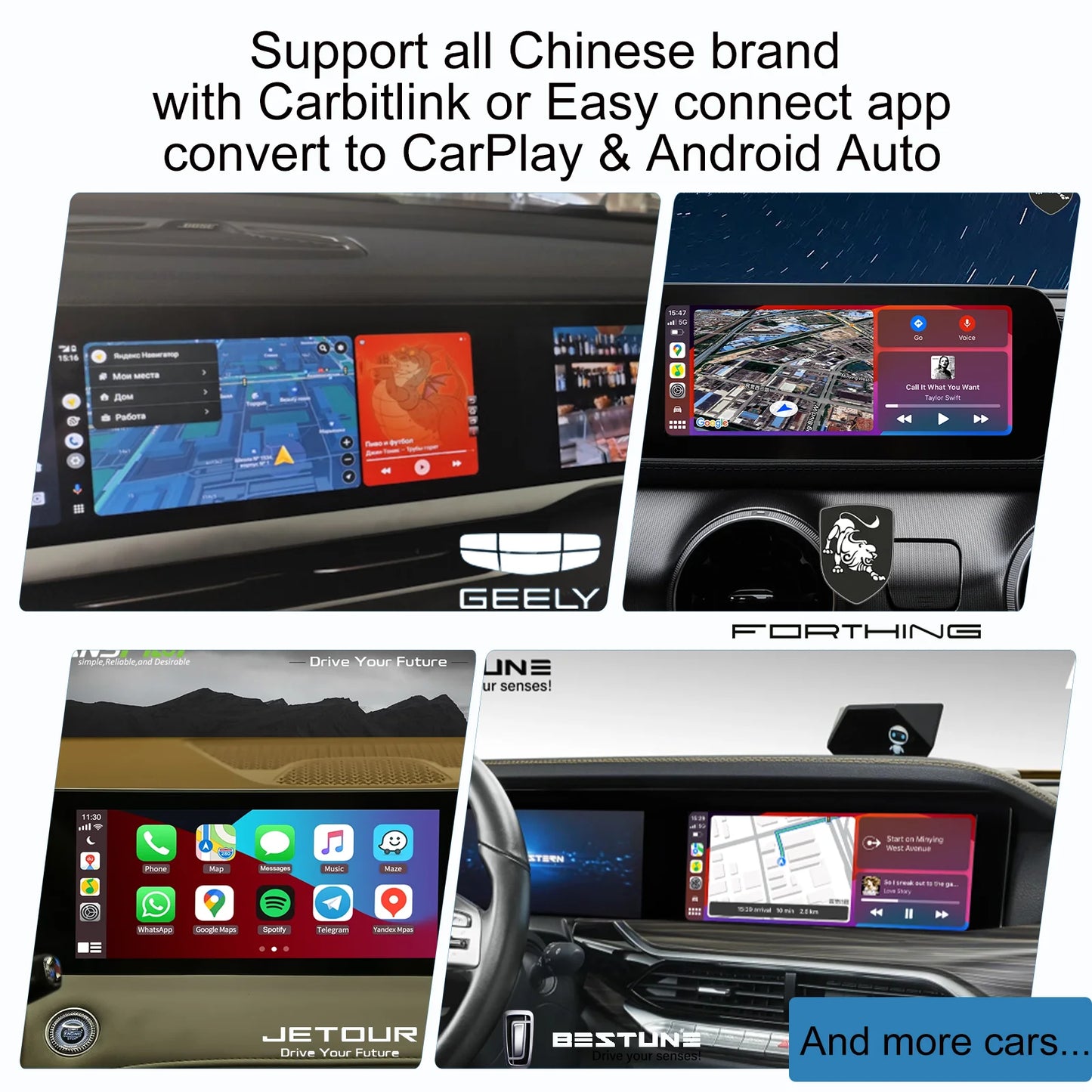 Adaptador Wired Carbit Smartlink Phonelink para conexión fácil a CarPlay inalámbrico y Android Auto. Compatible con Baic, Jetour, Geely y Chery.