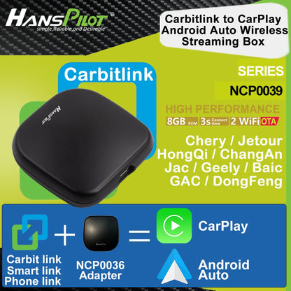 Adaptador Wired Carbit Smartlink Phonelink para conexión fácil a CarPlay inalámbrico y Android Auto. Compatible con Baic, Jetour, Geely y Chery.